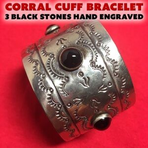 Corral Cuff Silver and Black Stones Bracelet with Intricate Designs